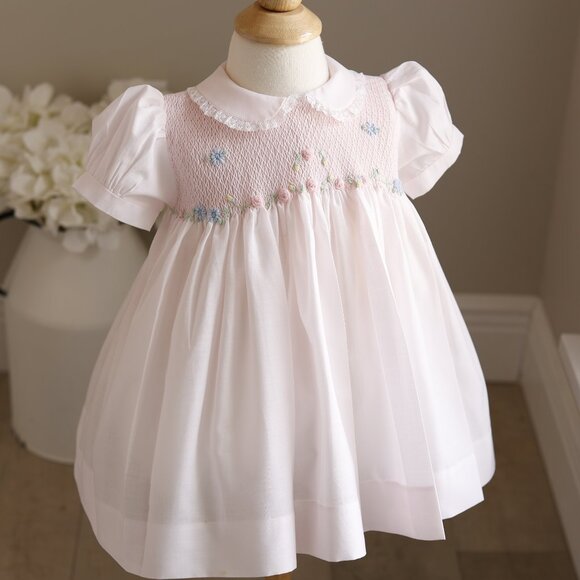Reserve: Girls Pink Smocked Dress Heirloom Floral Embroidery 12m Portrait New - Picture 3 of 5